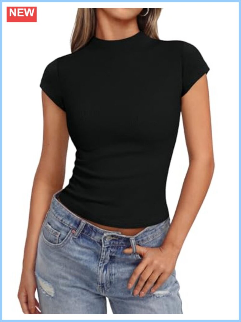 Kate K Mock Neck Ribbed Slim Fit Cap Sleeve Crop Work Top